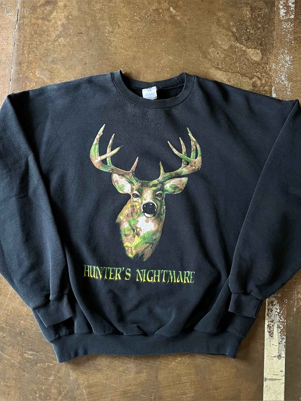 Vintage 90s Hunters Nightmare Deer Camo Black Crewneck Sweatshirt XL Southern